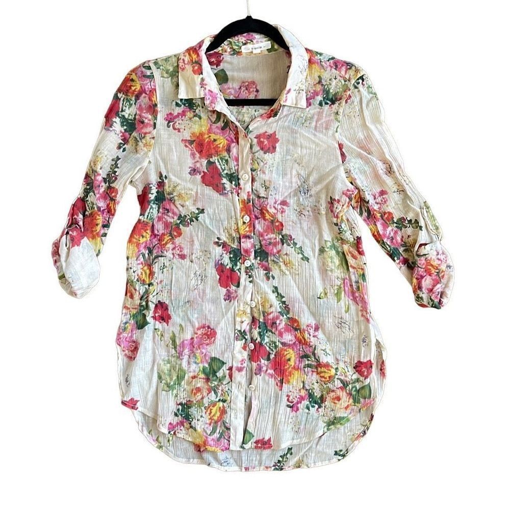 BD collection beige floral lightweight semi sheer button front top medium